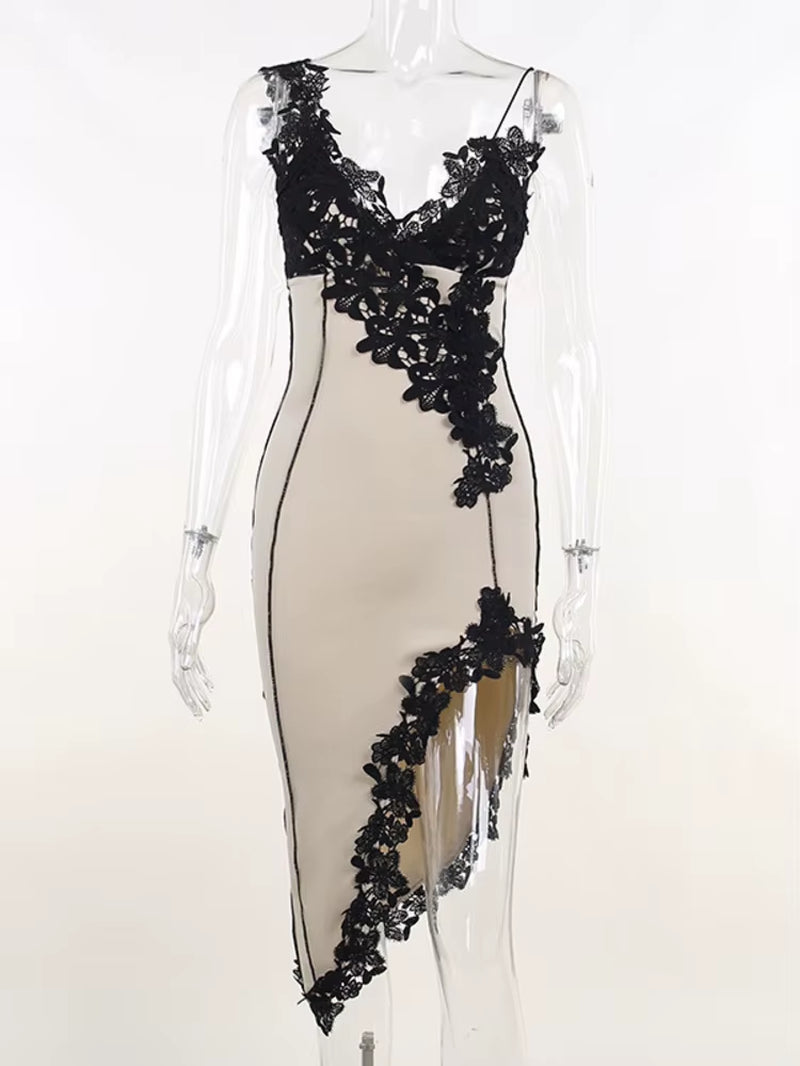 Lace High Split Sexy Midi Dress for Women Robe 2023 New Spaghetti Strap Sleeveless Deep V Neck Party Long Dress Vestido