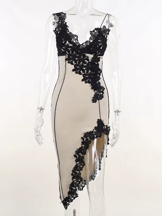 Lace High Split Sexy Midi Dress for Women Robe 2023 New Spaghetti Strap Sleeveless Deep V Neck Party Long Dress Vestido