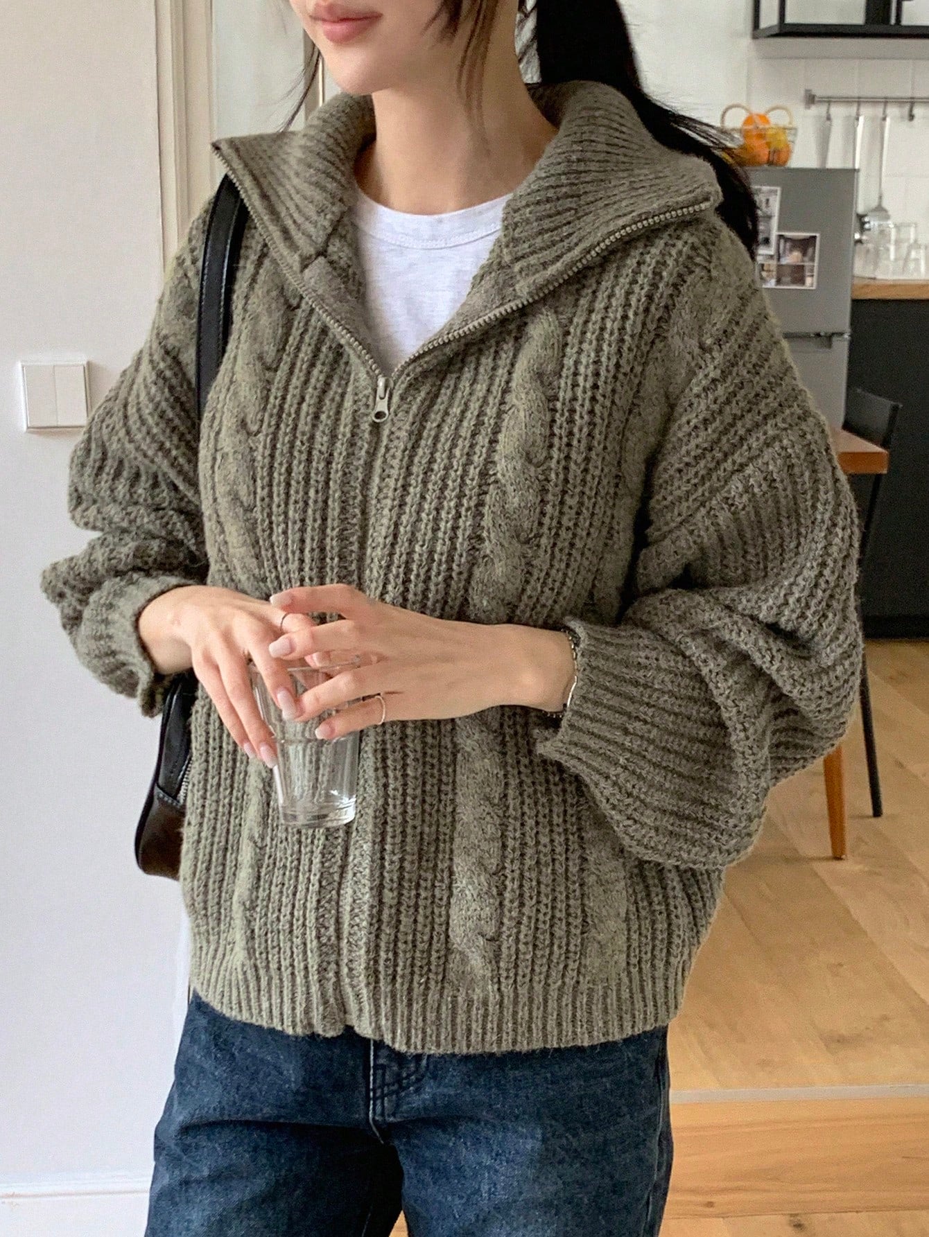 Dazy-Less Drop Shoulder Zipper Front Cardigan,Three Quarter Sleeve Tops Jacket