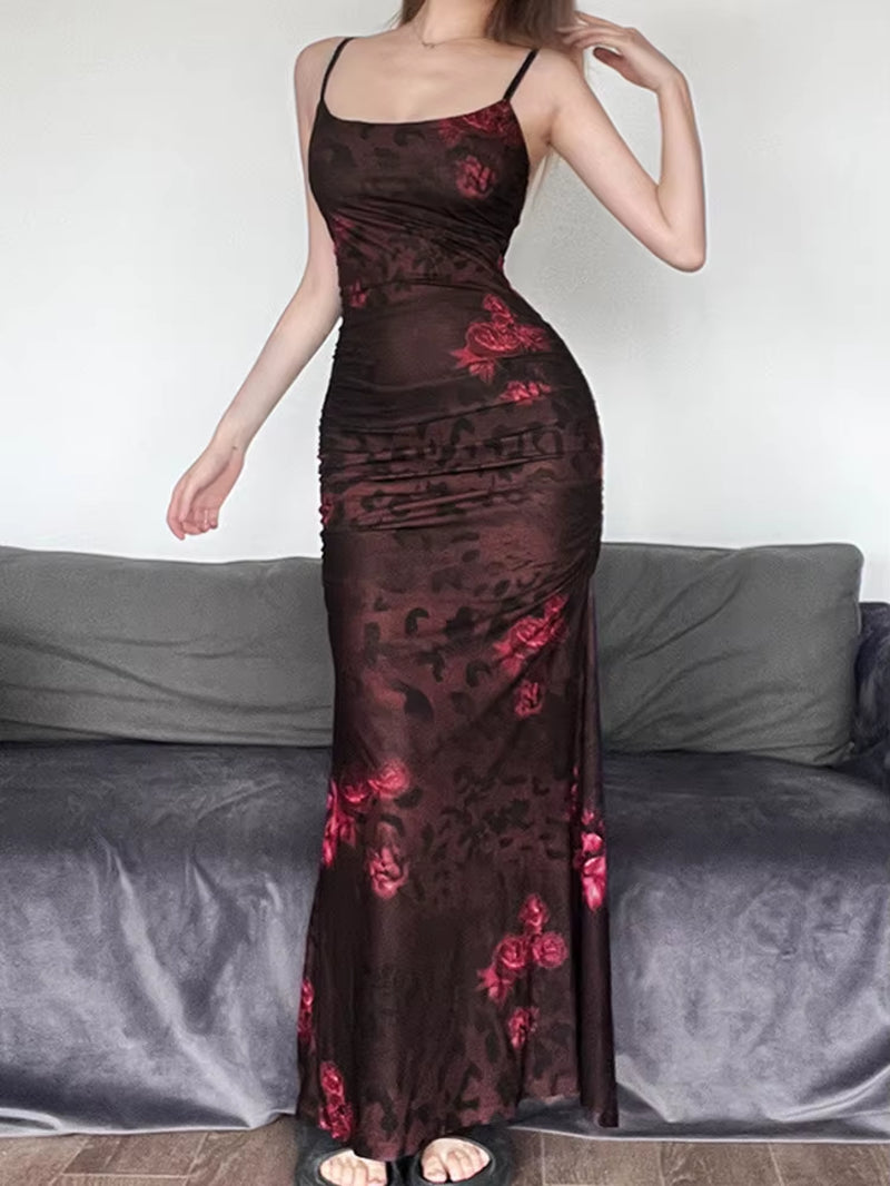 Elegant Spaghetti Strap Print Maxi Dress for Women 2023 Summer New Sleeveless Backless Bodycon Long Dress Vestido