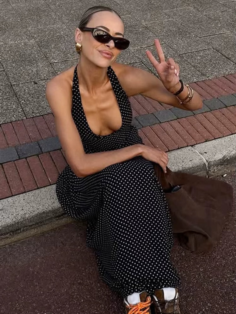 Polka Dot Backless Sexy Maxi Dress Women Fashion Halter Deep V Neck Sleeveless Thigh High Split Bodycon Club Dress