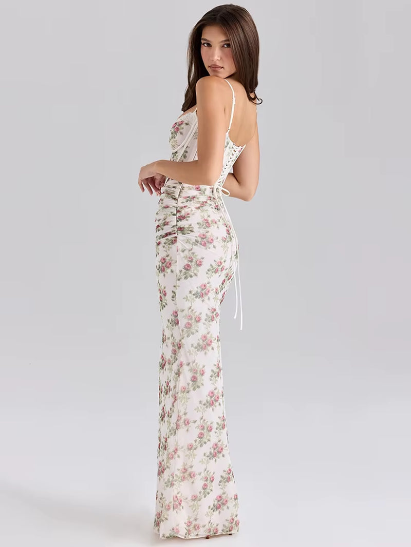 Spaghetti Strap Print Sexy Maxi Dress Women Elegant Off-Shoulder Sleeveless Backless Bodycon Ruched Club Party Dress