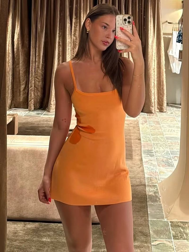 Spaghetti Strap Print Knit Mini Dress for Woman Robe Summer New Sleeveless Backless Beach Holiday Club Dress Knitwear