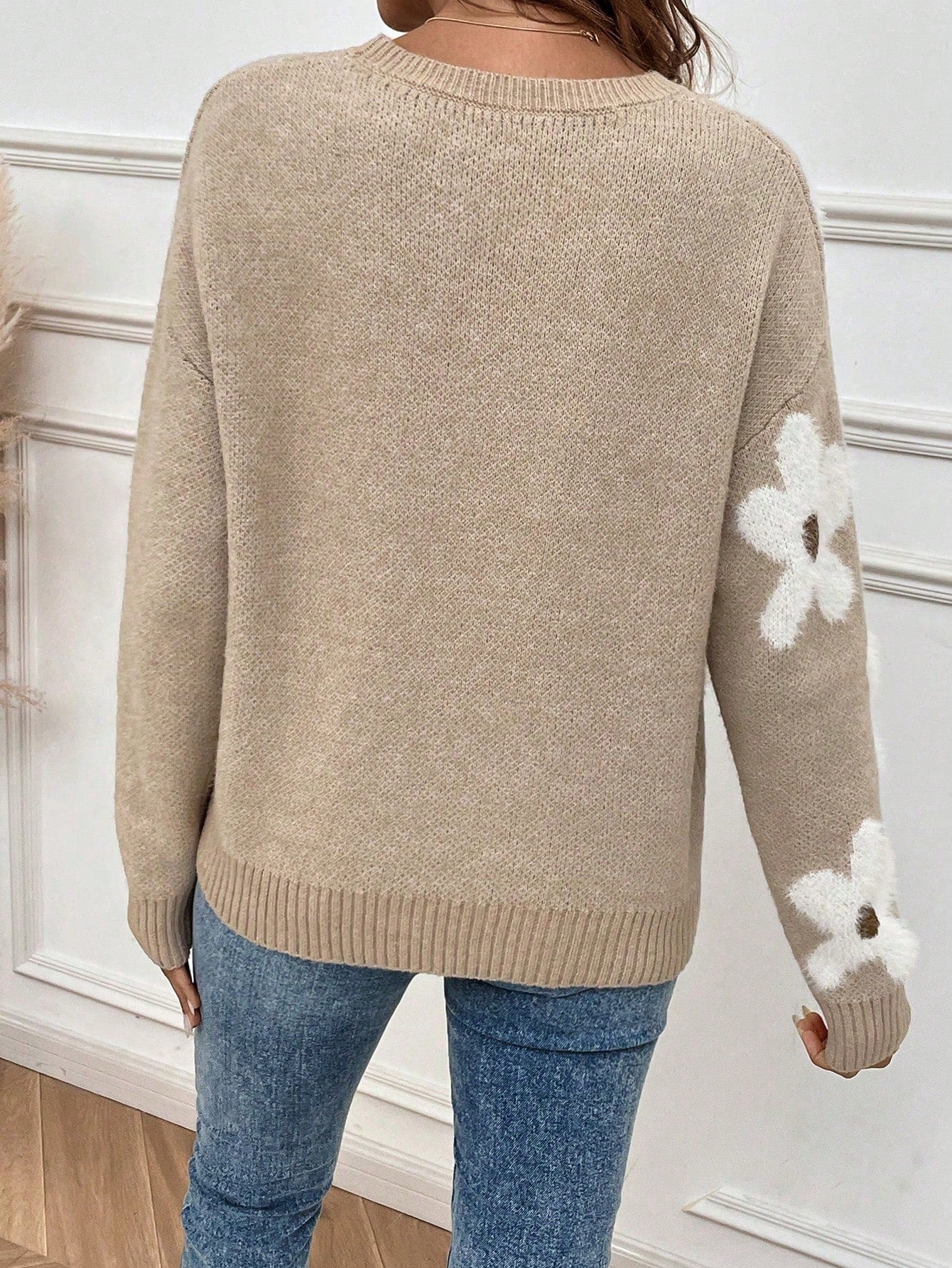 EMERY ROSE Floral Pattern Drop Shoulder Sweater,Long Sleeve Tops Knit Pullover Fall Winter Outfit