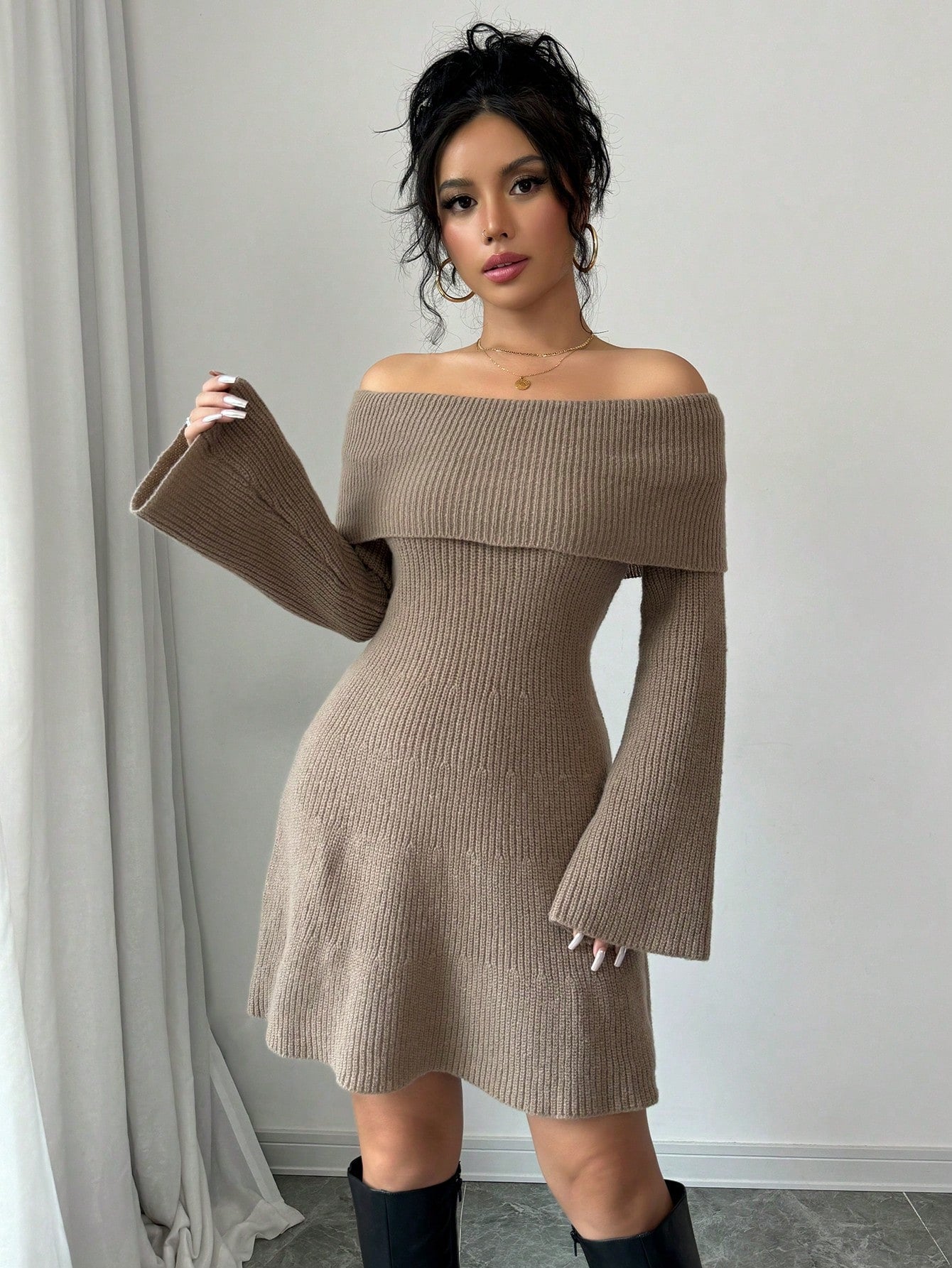 Chiquease Elegant Fitted Off-Shoulder Cinched Waist Knit Warm A-Line Long Sleeve Solid Color Sweater Dress for Women, Autumn/Winter Fall Cloth for Women