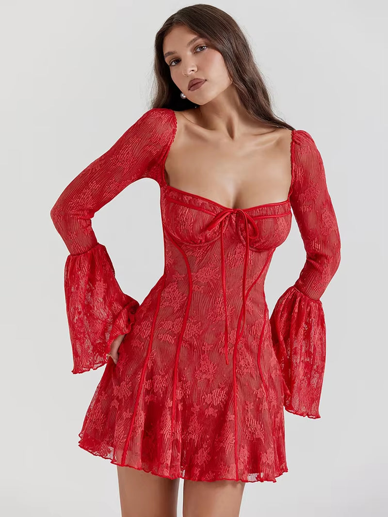 Lace Print Long Flare Sleeve Sexy Maxi Dress for Women Fashion Square Collar Backless Bodycon Club Party Sexy Dress