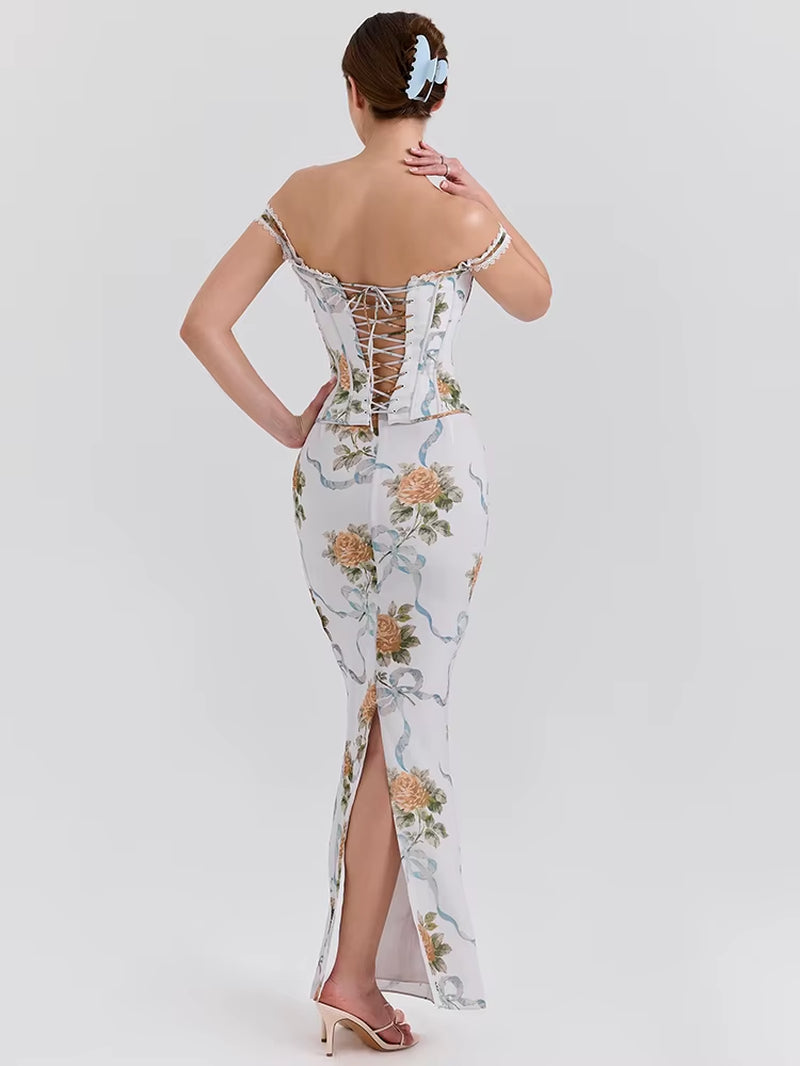 Vintage Print Sexy Maxi Dress Women Gown Summer Off-Shoulder Sleeveless Backless Bodycon Club Party Long Dress Elegant