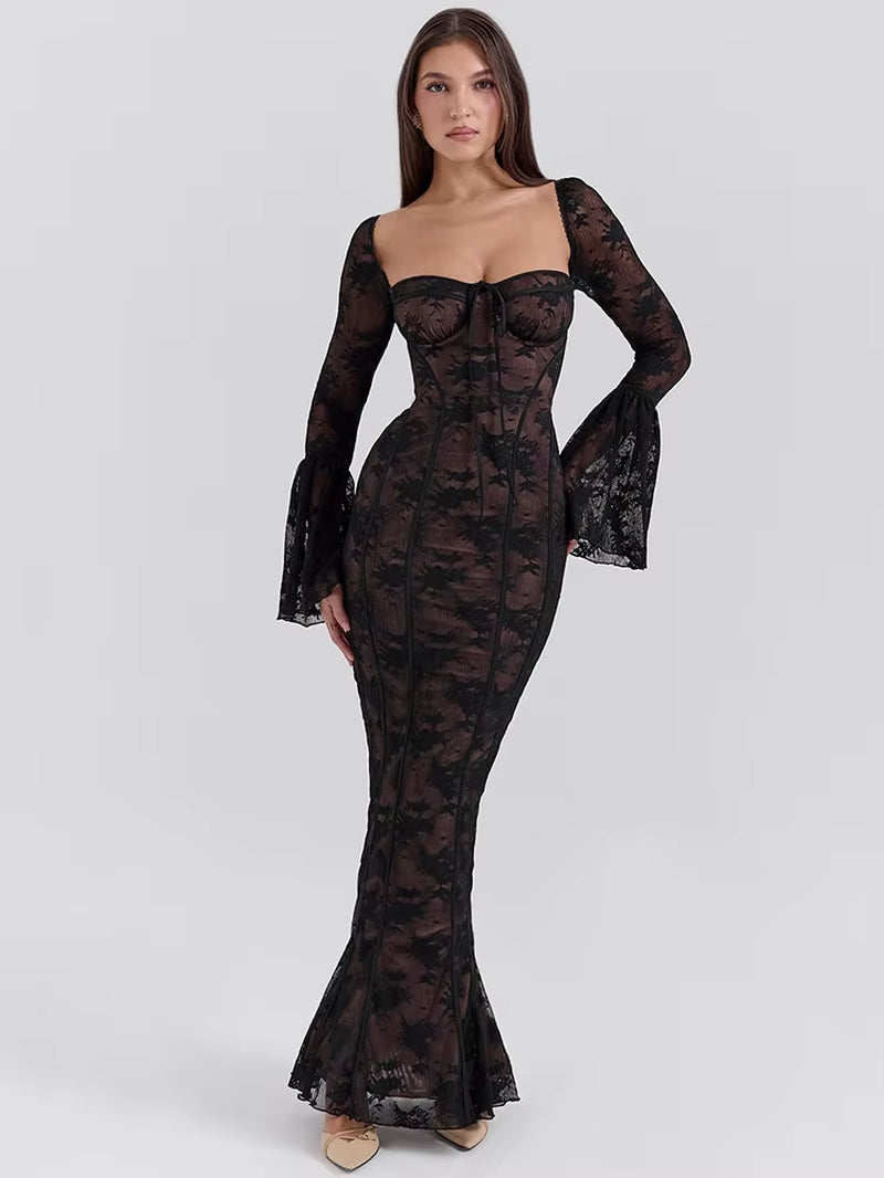 Lace Print Long Flare Sleeve Sexy Maxi Dress for Women Fashion Square Collar Backless Bodycon Club Party Sexy Dress